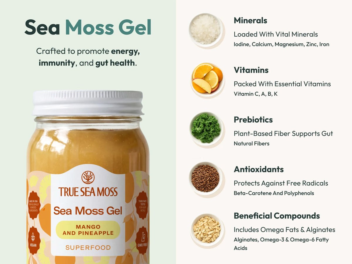 Mango and pineapple Sea Moss Gel jars photographed with real fruit